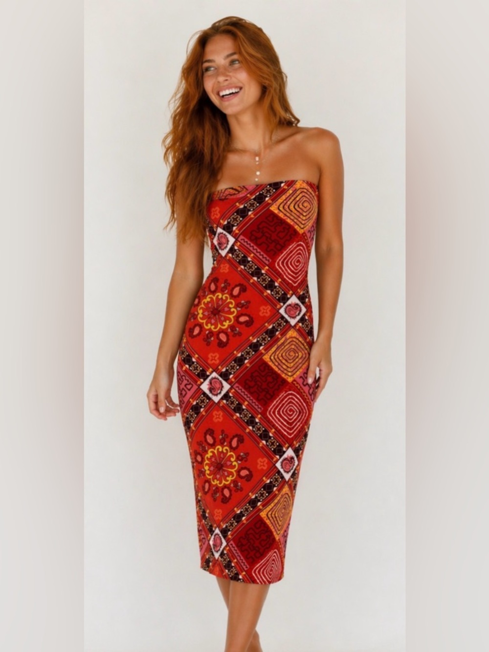 Love University Paisley Midi Strapless Dress with Vibrant Colors Size medium